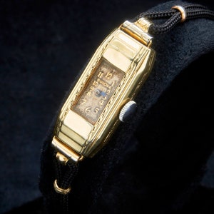 1937 Bulova "Dolly Madison" 10k Yellow Gold Plate Ladies Slim Baguette Watch, Vintage 12k GF Gemex Black Cord Clasp Bracelet, Vintage Watch