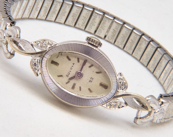 Featured listing image: 1967 Bulova "Lady Petite" 14k Solid White Gold Diamond Cocktail Watch, Oranate Case with 4 Diamond Accents