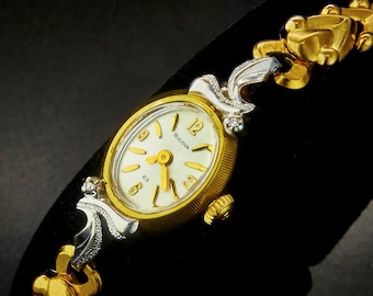 1973 Bulova "La Petite OA" Ladies Oval Watch with 2 Diamonds, 10k Two Tone Gold Plate, GF Bracelet, Womens Antique Estate Heirloom Jewelry