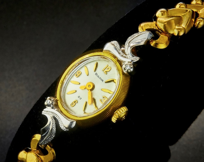 Featured listing image: 1973 Bulova "La Petite OA" Ladies Oval Watch with 2 Diamonds • Two Tone Gold Plate • GF Bracelet • Womens Antique Estate Heirloom Jewelry