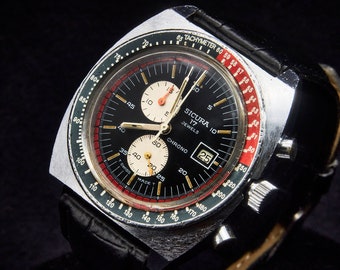 1973 Sicura Men's Large Sports Chronograph Mechanical Chrome Tonneau Watch, Calendar Feature, Black Leather Bracelet, Vintage Style