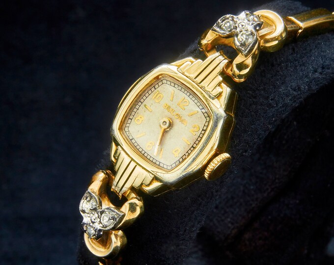 Elegant Art Deco 1937 Bulova "Lady Bulova" 10k Rolled Yellow Gold Plate Marquise Cocktail Watch • Vintage Jeweled Speidel 10k GF Bracelet