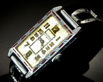 1929 Westfield by Bulova Damen-Cocktail-Panzeruhr aus Weißgold, rot emailliert, Original-Bakelit-Box, Original-Westfield-Gliederarmband