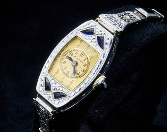 1931 Bulova "Miss America" 14k White Gold Filled Bracelet Watch, 4 Sapphires, Original Gold Filled Filigree Bracelet and Box, Vintage Style