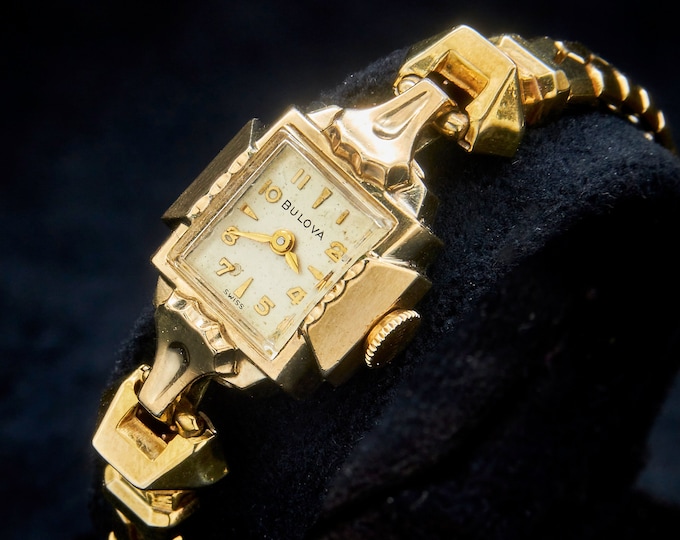 Funky Geometric Mid Century 1957 Bulova "Gilda A" 10k White Gold Plated Cocktail Watch • Vintage Speidel 10k Gold Filled Stretch Bracelet