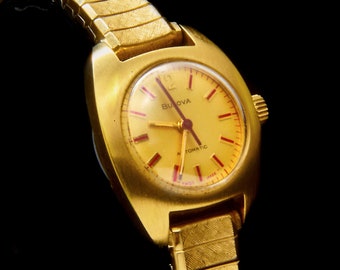 1975 Bulova "Lady of Fashion BQ" Dainty Gold Self Winding Watch, 10k RGP Expansion Bracelet, Estate Heirloom Jewelry