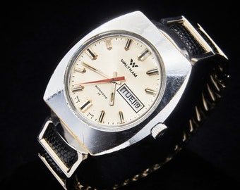 Retro 1975 Waltham Day-Date Swiss Mechanical Watch, Mid Century Modern Stainless Steel Unisex Watch, Metal Expansion Bracelet, Vintage 1970s