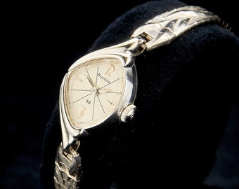 STUNNING! 1963 Bulova "Sunburst L" 10k Rolled White Gold Plate, Asymmetric Marquise Ladies Vintage Cocktail Watch, 23 Jewels