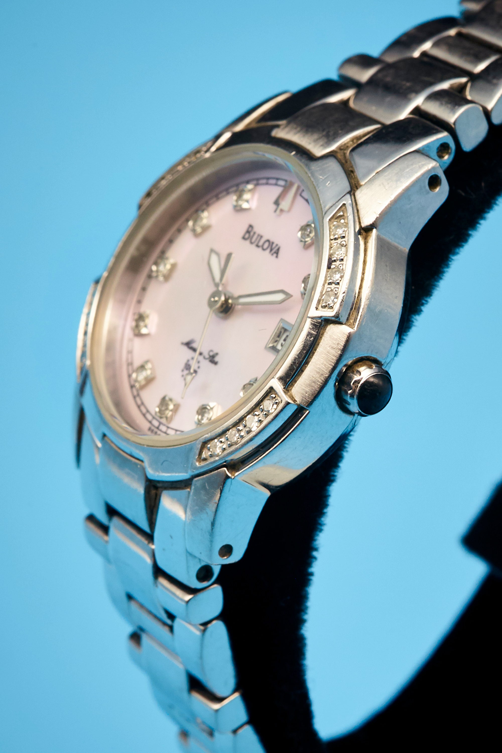 Marine Star Bulova womens stainless steel dive watch pink and diamonds 6 month warranty free shipping
