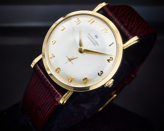 1955 Hamilton "Masterpiece" 14k Gold Round Mechanical Men's Watch, Two-piece Leather Bracelet, Near Mind Condition, Men's Vintage Style