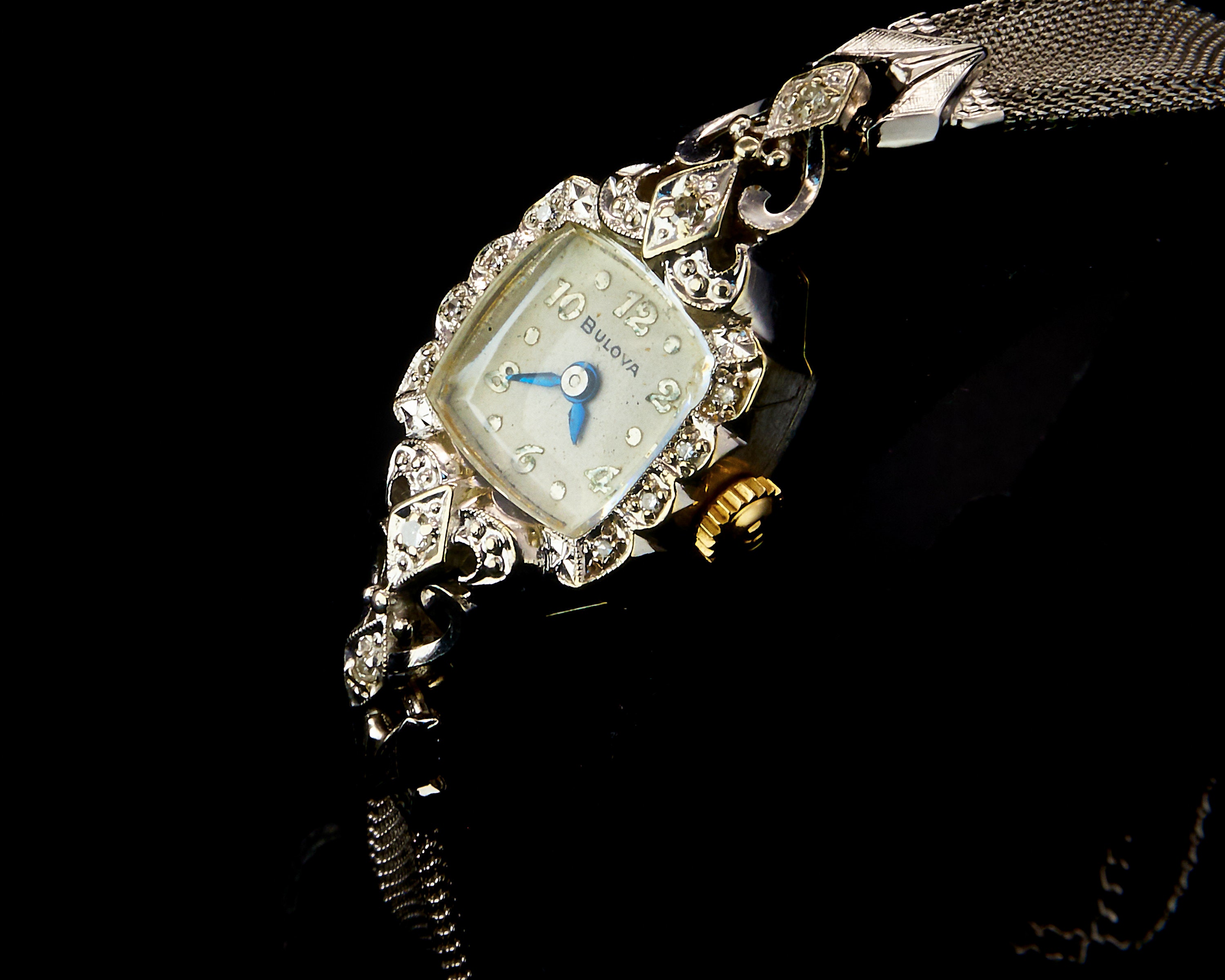 Solid 14k Bulova White Gold Lady Diamond La Petite Watch Vintage 1950s Marquise Cocktail Bracelet Womens Antique Estate Heirloom Jewelry