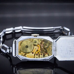 Art Deco 1929 Bulova "Bernice" Rectangular Watch, Engraved Detailing, 14k White Gold Plate Watch, Vintage Chain Link Style Bracelet image 5