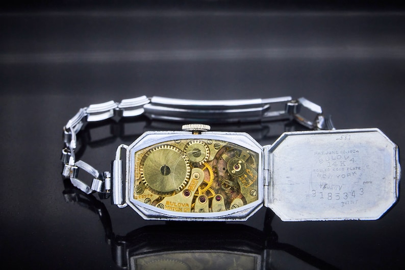 Art Deco 1929 Bulova "Bernice" Rectangular Watch, Engraved Detailing, 14k White Gold Plate Watch, Vintage Chain Link Style Bracelet image 5