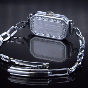 Art Deco 1929 Bulova "Bernice" Rectangular Watch, Engraved Detailing, 14k White Gold Plate Watch, Vintage Chain Link Style Bracelet image 4