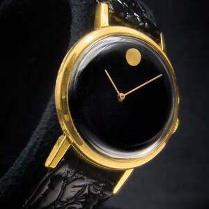 Eye Catching 1975 Movado Watch Museum Classic Ladies Elegant Round Minimalist Watch, Black Embossed Leather Band, Vintage Style image 4