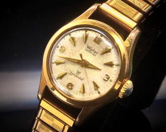 1965 Wyler "Lady Dynawind" Automatik 10K Gold Uhr, Schweizer Mid Century Modern Erbstück Schmuck, Armband nach Wahl, Damen Vintage Stil