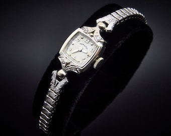Hamilton "Lady Hamilton D4" Cocktail Watch, Solid 14k White Gold with 4 Diamonds, White Gold Filled Bracelet