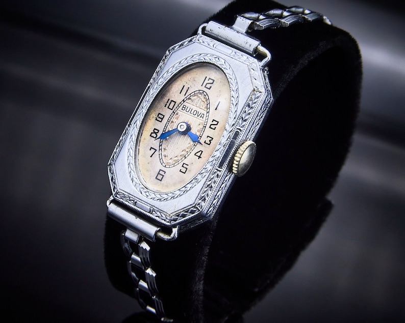 Art Deco 1929 Bulova "Bernice" Rectangular Watch, Engraved Detailing, 14k White Gold Plate Watch, Vintage Chain Link Style Bracelet image 1