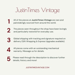 May include: Cream-colored graphic with the text "JustinTimes Vintage" in a burgundy script. The image lists details about the shop, including sourcing, restoration, and warranty information. The website address is also included.