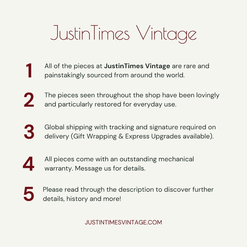 May include: Cream-colored graphic with the text "JustinTimes Vintage" in a burgundy script. The image lists details about the shop, including sourcing, restoration, and warranty information. The website address is also included.