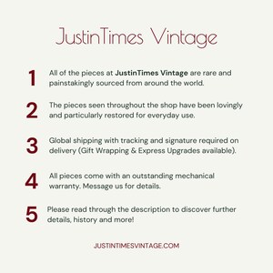 May include: A white background with a red number 1, 2, 3, 4, and 5. Each number has a description of the services offered by Justin Times Vintage. The text includes information about the sourcing of the products, restoration, shipping, warranty, and details about the products.