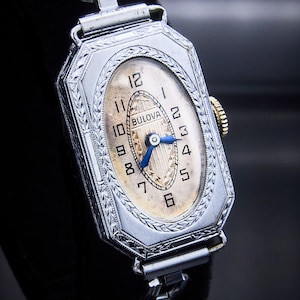 Art Deco 1929 Bulova "Bernice" Rectangular Watch, Engraved Detailing, 14k White Gold Plate Watch, Vintage Chain Link Style Bracelet image 3