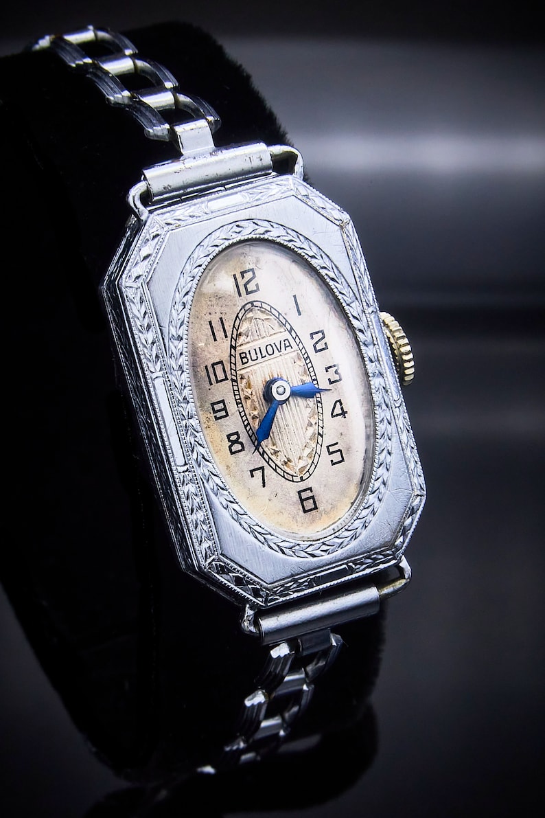 Art Deco 1929 Bulova "Bernice" Rectangular Watch, Engraved Detailing, 14k White Gold Plate Watch, Vintage Chain Link Style Bracelet image 3