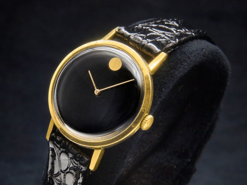 Eye Catching 1975 Movado Watch Museum Classic Ladies Elegant Round Minimalist Watch, Black Embossed Leather Band, Vintage Style image 1