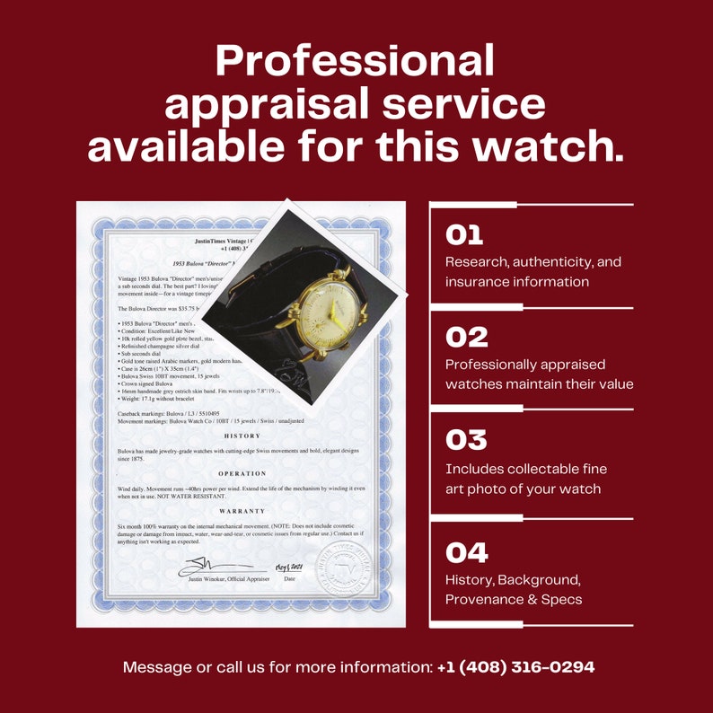 May include: A certificate of authenticity for a vintage 1953 Balowa Director watch. The certificate includes details about the watch's history, operation, and warranty. The certificate is printed on a white background with blue and gold accents. The text on the certificate reads "1953 Balowa Director" and "Justitia Times Vintage." The certificate is dated May 2022.