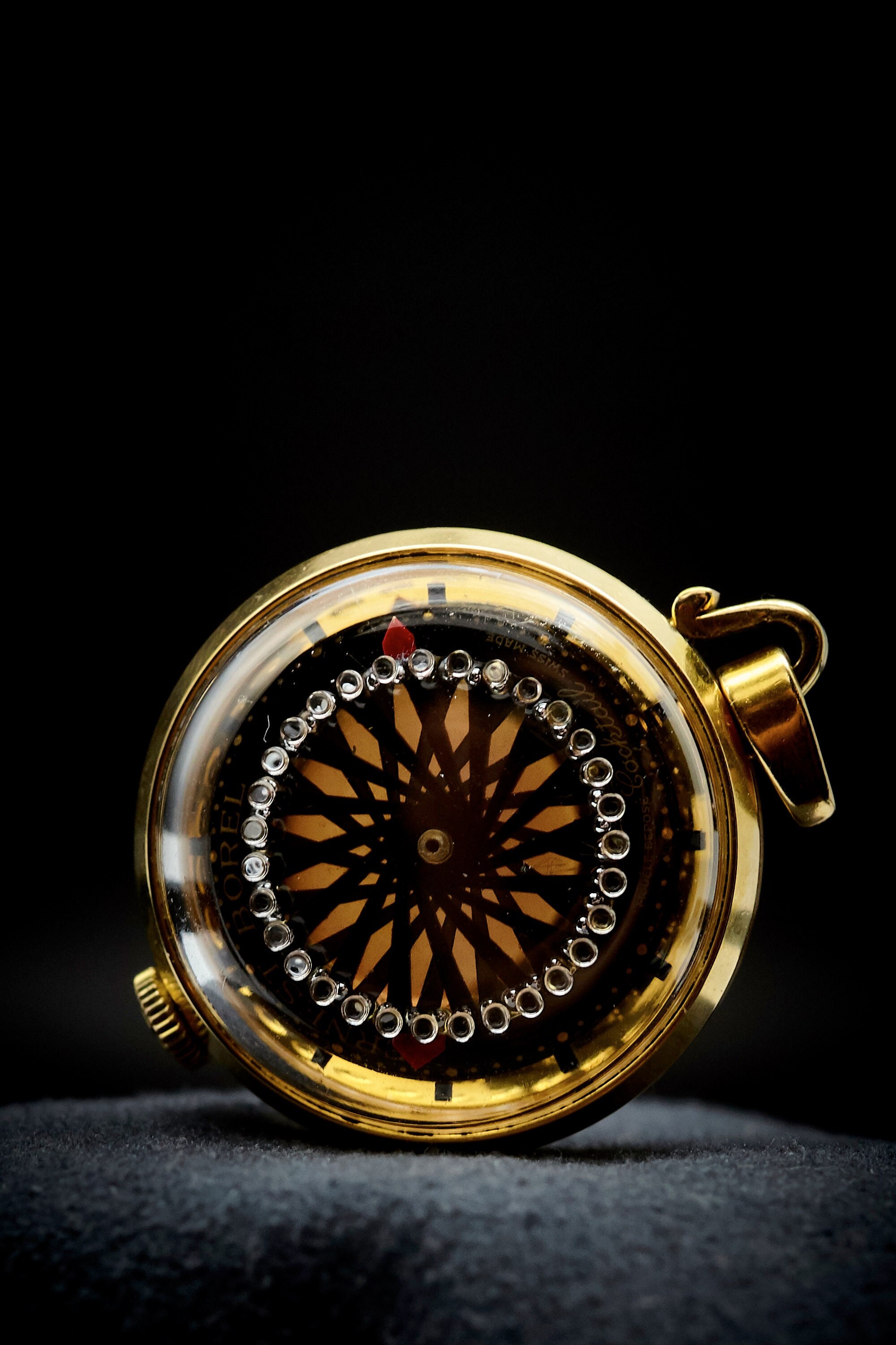 1967 Ernest Borel Cocktail 4331 Kaleidoscope Mechanical Pendant Watch 40 Microns Yellow Gold Electroplate Skeleton Back Signed Crown