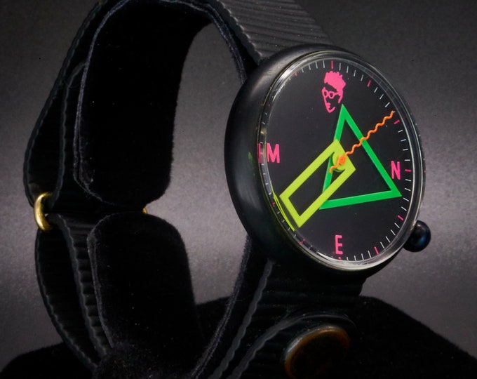 Fun! Cool! Vintage 1980s Becora V3080 Unisex Round Quartz Watch • Black Dial • Neon Pink Green and Yellow Design • Squiggly Second Hand