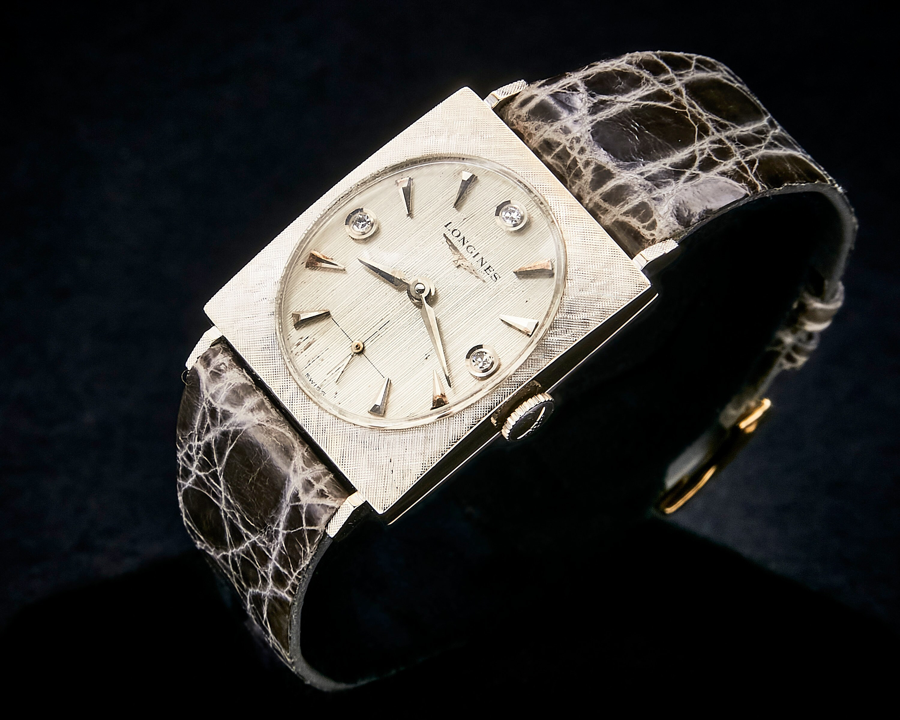 Mid Century 1960s Longines Ladies 14k White Gold Tall Rectangular