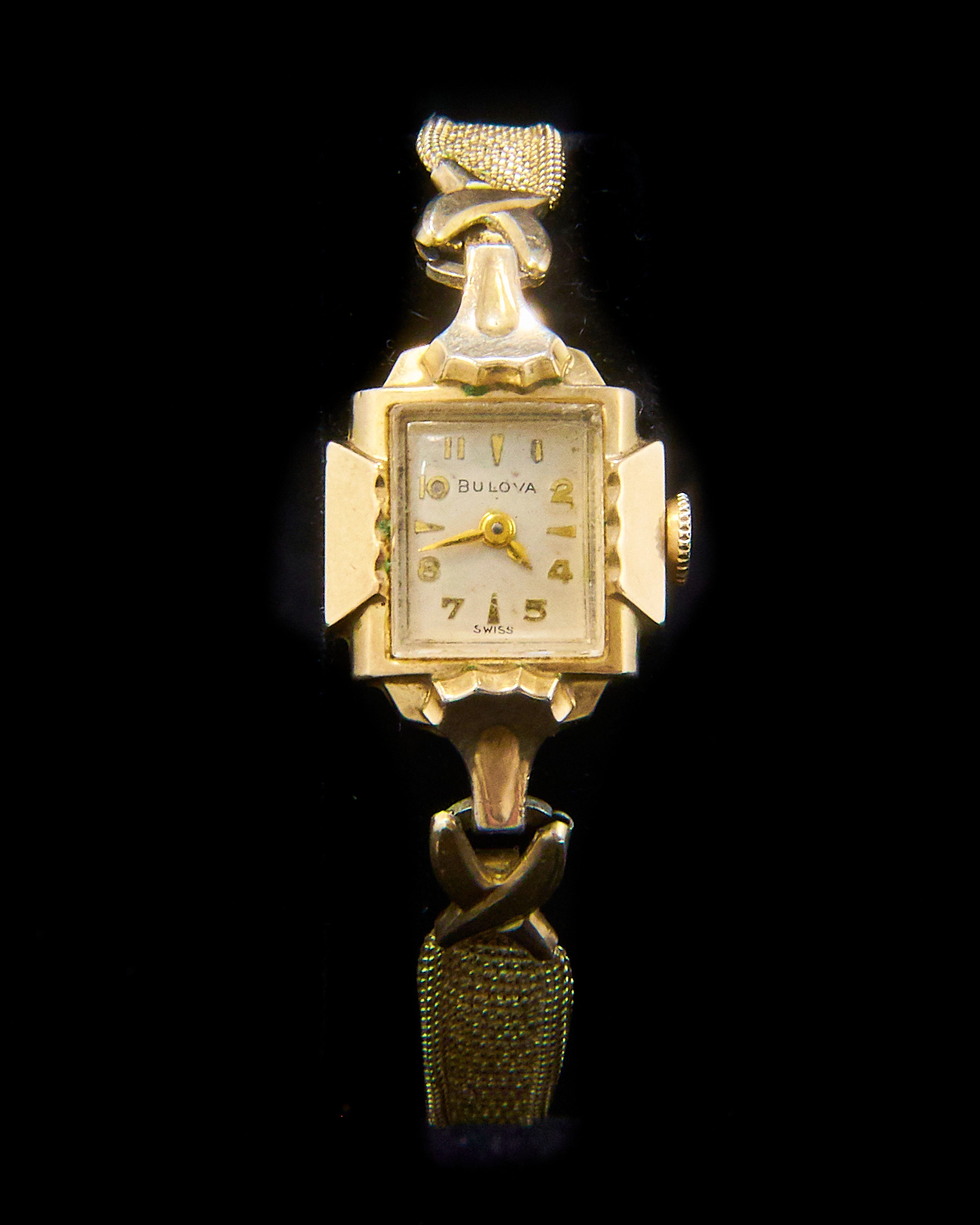 Vintage 1950s Dainty Womens Bracelet Watch 1957 Bulova Miss America Gold Cocktail Watch Art Deco Style Estate Jewelry