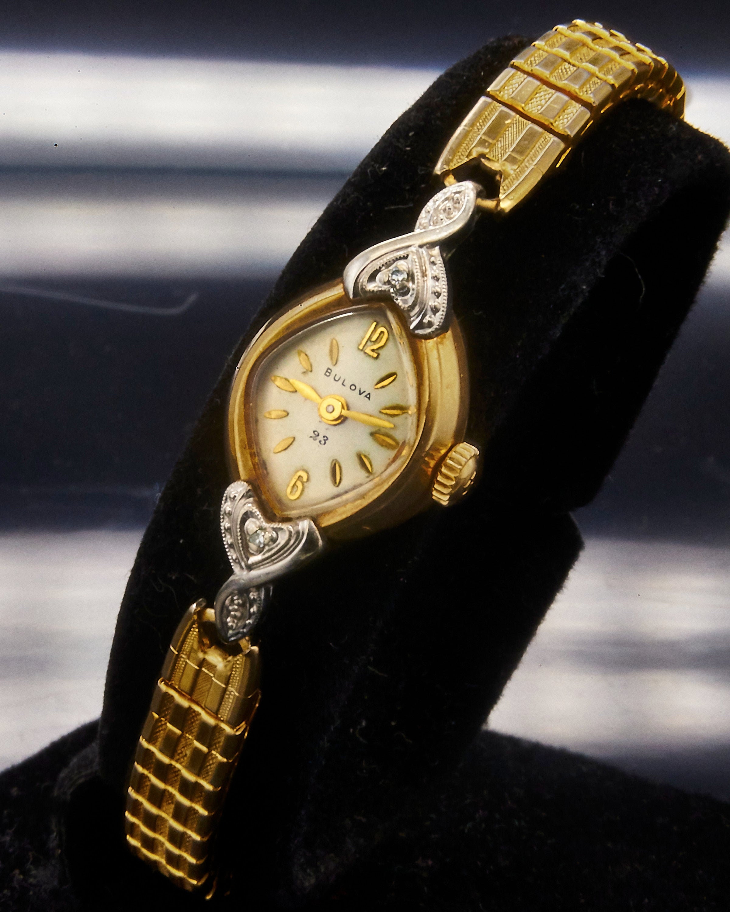Elegant 1967 Bulova Diamond La Petite Gold Cat Eye Cocktail Watch Original Gold Filled Duchess bracelet MCM Heirloom Estate Jewelry