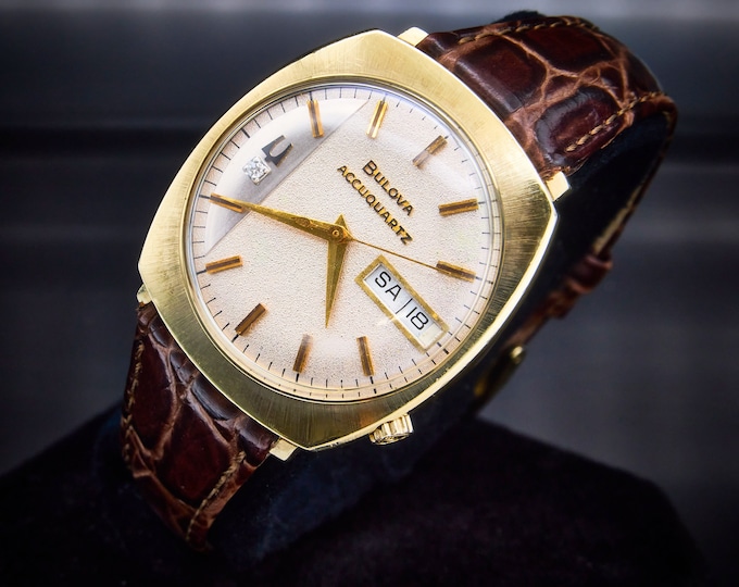 Featured listing image: 1972 Bulova "224 Accuquartz" 14k Gold Filled Men's Tonneau Quartz Watch • Mint Condition • Brown Leather Bracelet • Mid-century Modern