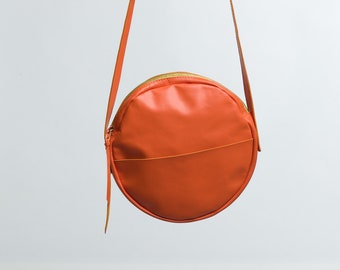 orange leather shoulder bag, round bag, crossbody bag, handbag, boho, handmade, genuine leather, retro style,