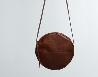 dark brown leather shoulder bag, round bag, crossbody bag, handbag, boho, handmade, genuine leather, retro style,