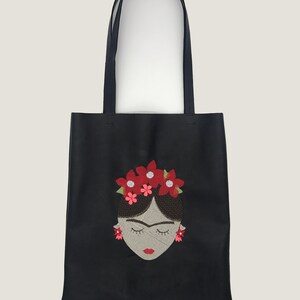 Ledertasche mit Stickerei, Frida Kahlo, Maschinen Stickerei, Leather Tote Bag, leather shopper, handmade, stylisch, Beuteltasche,