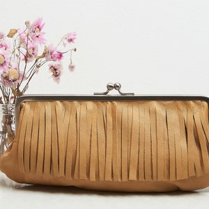 Sac à clip en cuir avec franges, petite pochette, portefeuille, trousse de maquillage, porte-monnaie, fait main, cuir véritable, bohème, style rétro