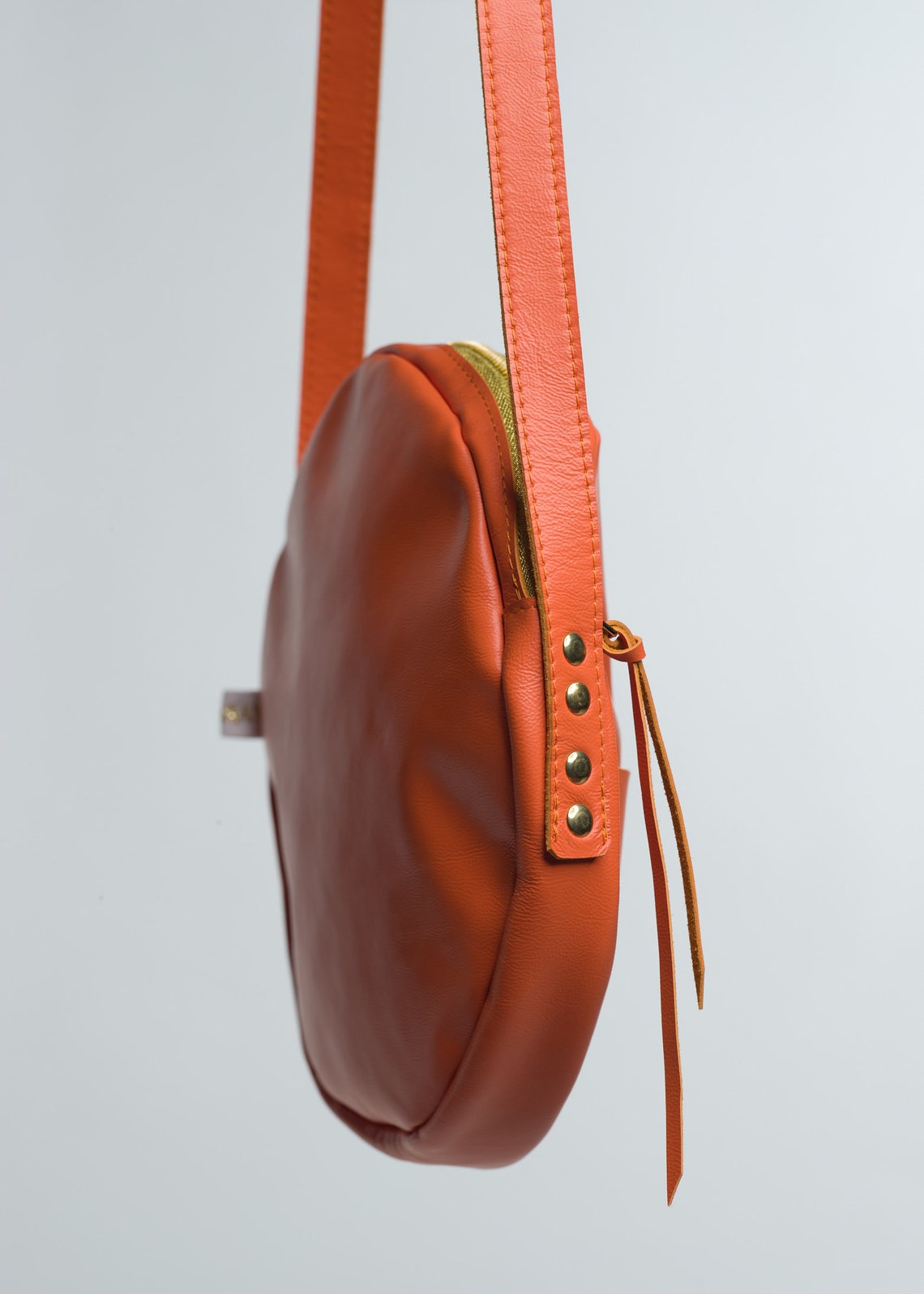Orange Leather Crossbody Bag, Round Bag, Crossbody Bag, Handbag, Boho, Handmade, Genuine Leather