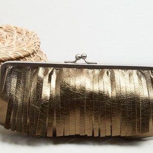 Sac à clip en cuir avec franges, petite pochette, portefeuille, trousse de maquillage, porte-monnaie, fait main, cuir véritable, bohème, style rétro