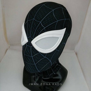 May include: Black and white Spider-Man mask with a white mesh eye piece. The mask has a black web pattern.