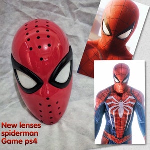 May include: Red and black Spiderman mask with a white mesh eye piece. The mask has a textured surface with small holes. The mask is next to a picture of Spiderman from the Playstation 4 game.