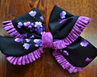 Black and Purple Floral Ruffle Bow