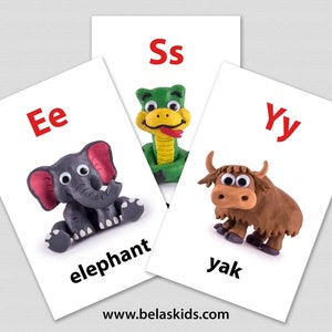 Animal, Alphabet, Flash Cards, ABC, Figurines en argile, Anglais, Décoration murale, chambre de crèche, cadeau de baby shower, retour à l’école, anniversaire,