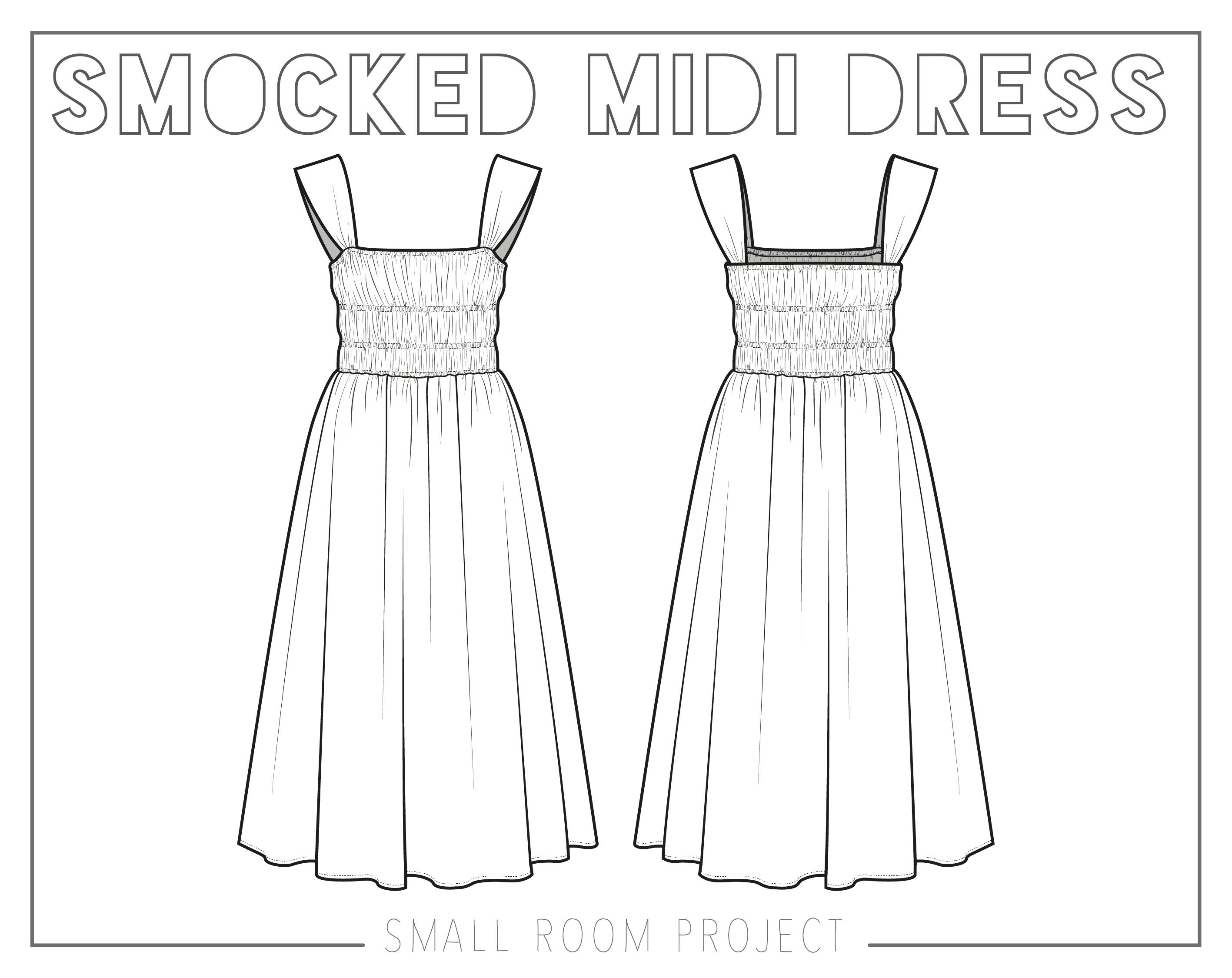Smocked midi dress technical drawing / flat sketch /CAD / Etsy