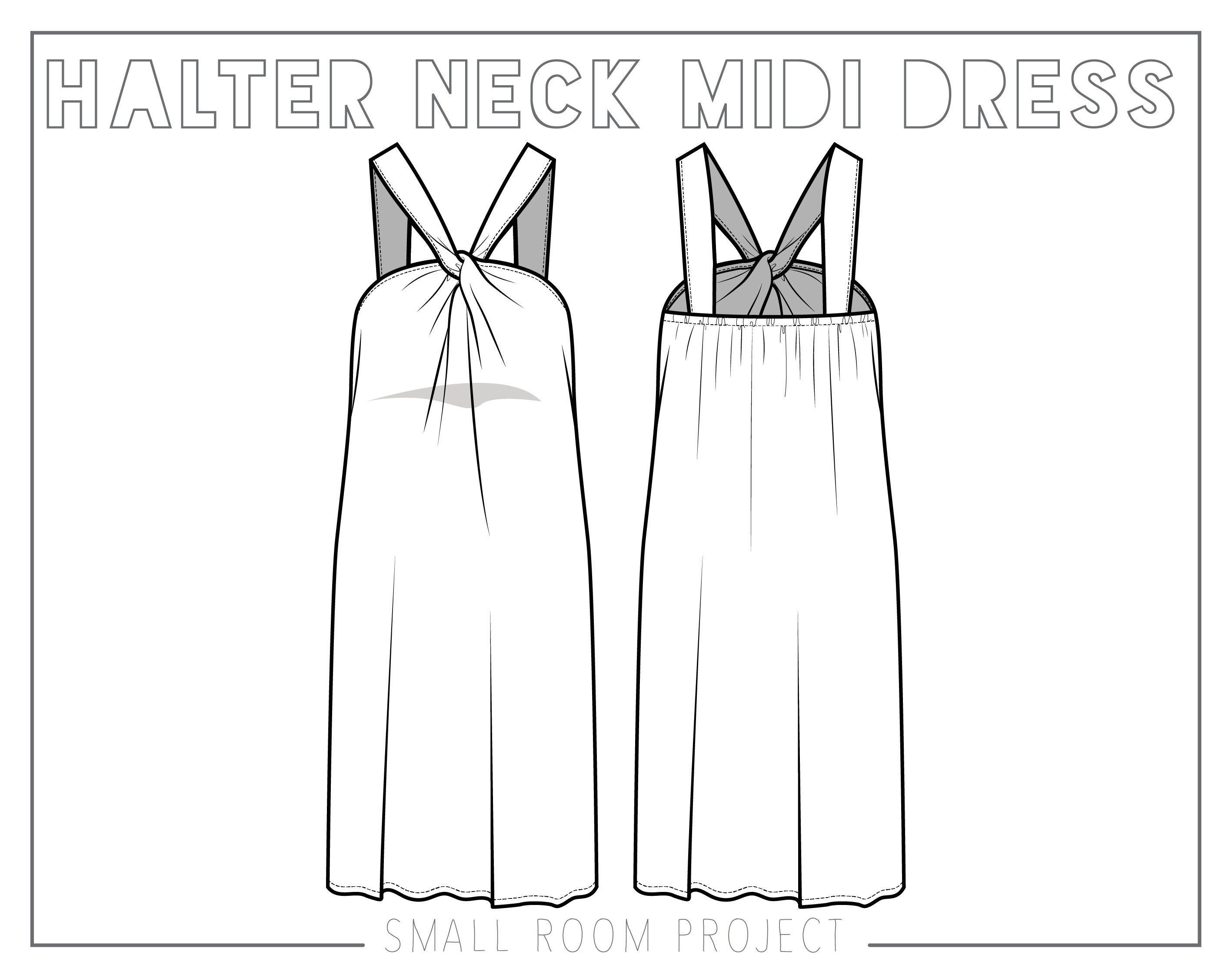 Halter neck midi dress technical drawing / flat sketch /CAD / Etsy