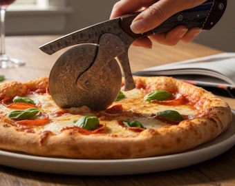 Legendary Gears Pizza Cutter Wheel Culinary Sturdy Dark Wood Handle Luxury Unique Gift Spine File Work Damascus Blade