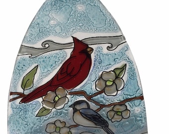 Handmade Fused Glass Glass Night Light Cardinal and chickadee