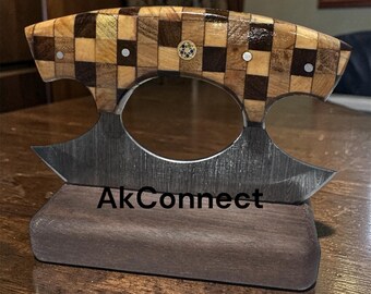 Handmade Checkered Wood Handle  Medium 5” Damascus Ulu Knife Leather Sheath